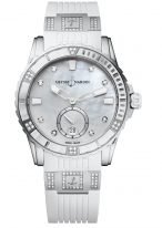 Женские наручные часы Ulysse Nardin Diver-3203-190-3C/10_10 в стальном корпусе с бриллиантами, на белом перламутровом циферблате люминесцентные часовые метки, бриллиантовые индексы и широкие стрелки, белый каучук.