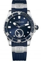 Женские наручные часы Ulysse Nardin Diver-3203-190-3C/10_13 в стальном корпусе с бриллиантами, на синем циферблате люминесцентные часовые метки, бриллиантовые индексы и широкие стрелки, синий каучук с бриллиантовыми вставками.