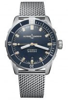 Мужские наручные часы Ulysse Nardin Diver-8163-175-7MIL/9 в стальном корпусе, на синем циферблате люминесцентные часовые метки и широкие стрелки, стальной миланский браслет.