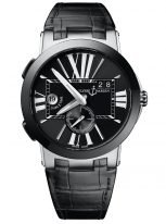 Мужские наручные часы Ulysse Nardin Executive-243-00/42 со временем второго часового пояса в стальном корпусе, на черном циферблате люминесцентные большие римские цифры и часовые метки, широкие стрелки, черная кожа кроко.