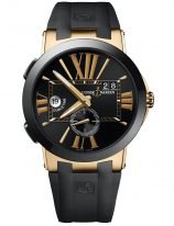 Мужские наручные часы Ulysse Nardin Executive-246-00-3/42 со временем второго часового пояса в розовом золоте с керамическим рантом, на черном циферблате золотые большие римские цифры и часовые метки, широкие стрелки, черный каучук.