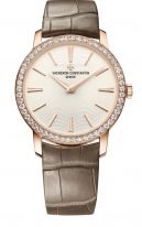 Женские классические часы Vacheron Constantin Traditionnelle 81590_000R_9849 в розовом золоте с опаловым циферблатом, часы и минуты, коричневая кожа кроко.