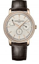 Мужские/женские классические часы Vacheron Constantin Traditionnelle 83520_000R_9909 в розовом золоте с бриллиантовым рантом, с запасом хода и фазами Луны, гильошированным циферблатом, коричневым ремешком кроко.