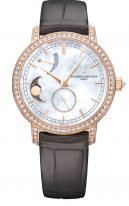 Женские классические часы Vacheron Constantin Traditionnelle 83570_000R_9915 в розовом золоте с бриллиантовым рантом, с запасом хода и фазами Луны, перламутровый циферблат, коричневая кожа кроко.