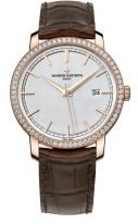 Мужские/женские классические часы Vacheron Constantin Traditionnelle 85520_000R_9850 в розовом золоте с бриллиантовым рантом, с датой, гильошированный циферблат, коричневая кожа кроко.