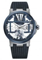 Мужские наручные часы Ulysse Nardin Executive-1713-139/43 с турбийоном в титановом корпусе с керамическим рантом, на скелетированном циферблате большие римские цифры, широкие люминесцентные стрелки, кожаный ремешок.