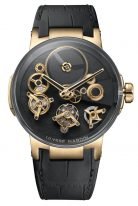 Мужские наручные часы Ulysse Nardin Executive-1766-176 турбийон с индикатором запаса хода в розовом золоте, на черном циферблате свободно-плавающие элементы механизма, золотые скелетонизированные стрелки, черная кожа кроко.
