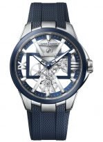 Мужские наручные часы Ulysse Nardin Executive-3713-260-3/03 в титановом корпусе, на скелетированном циферблате часовые индексы и римские цифры, широкие люминесцентные стрелки, синий каучук.