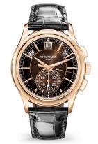Мужские часы Patek Philippe Complications 5905R-001 в розовом золоте с хронографом и годовым календарем, коричневый циферблат, черный ремешок кроко.