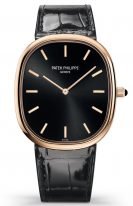 Мужские классические часы Patek Philippe Golden Ellipse 5738R-001 в розовом золоте, черный циферблат, черная кожа кроко.