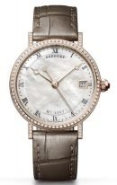 Женские классические часы Breguet Classique 9068BR_52_976_DD00 в розовом золоте с бриллиантовым рантом, перламутровый циферблат, бежевая кожа кроко.