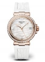 Женские спортивные часы Breguet Marine 9518BR_52_584_D000 в розовом золоте с бриллиантовым рантом, перламутровый циферблат, белый каучук.