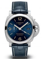 Мужские спортивные часы Panerai Luminor PAM01033 в стальном корпусе со временем второго часового пояса, синий циферблат, синий ремешок кроко.