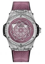 Женские часы Hublot Big Bang 465_SS_89P7_VR_1204_MXM20 в стальном корпусе с бриллиантами, на розовом матовом циферблате восьмиугольный крутящийся каркас от "Maxime Buchi" , розовый телячий ремешок.